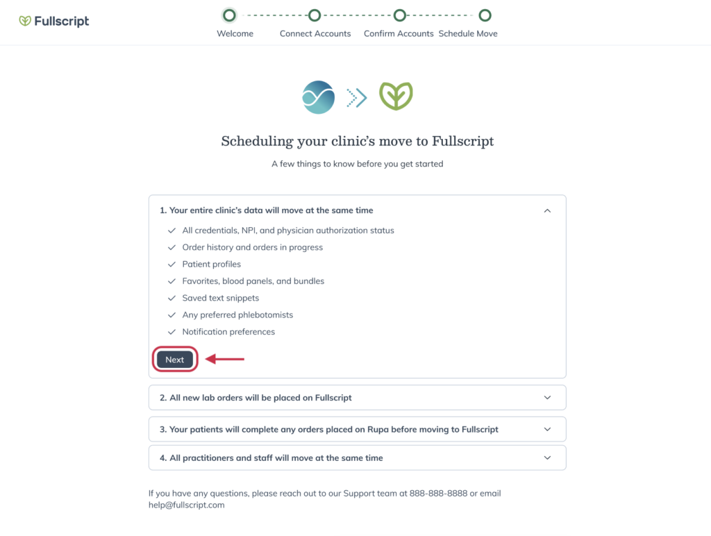 Scheduling your clinic’s move to Fullscript screen showing the sections to review before continuing.